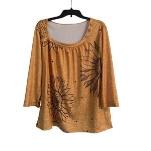 NWOT Women's Gold 3/4 Sleeve Top Sunflowers Blouse Shirt Size 2XL